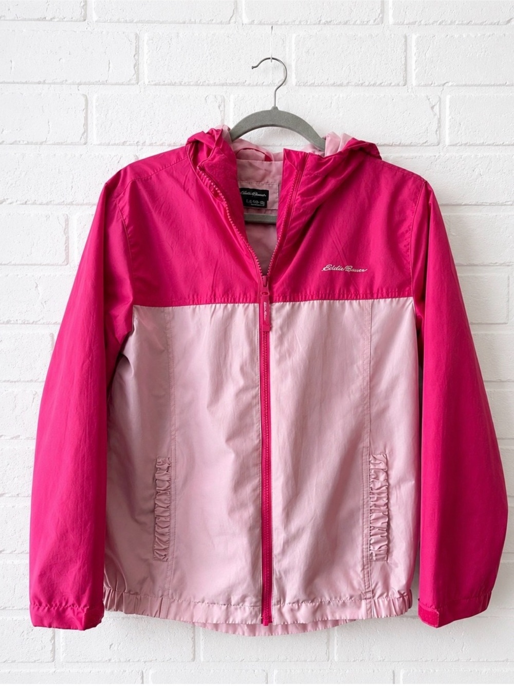 Eddie Bauer Girls Pink Colorblock Hooded Windbreaker Jacket L 14/16